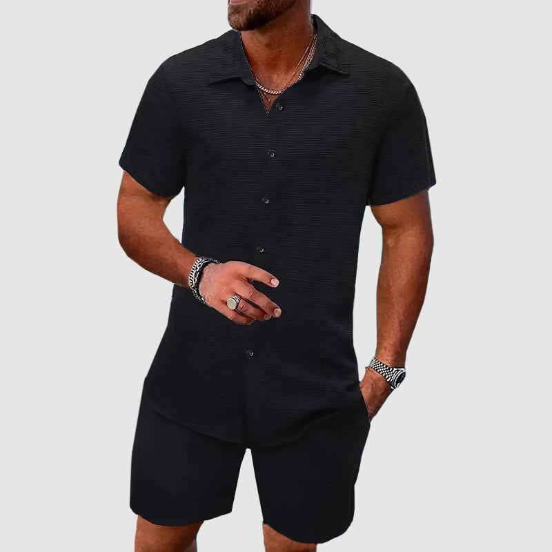 Conjunto de verano para hombre en lino y algodón – Camisa de manga corta con pantalones cortos casuales
