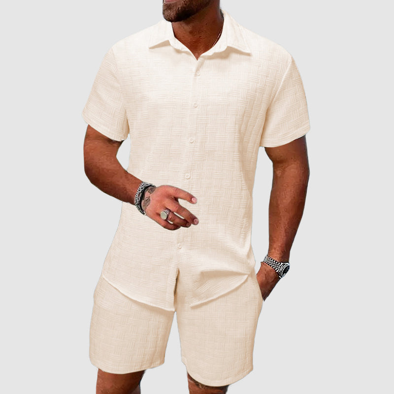 Conjunto de verano para hombre en lino y algodón – Camisa de manga corta con pantalones cortos casuales