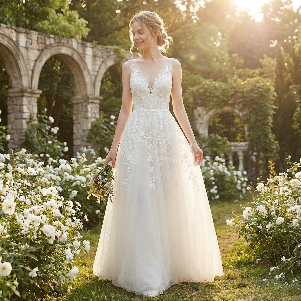 Nadina | Vestido de novia largo con escote en V, encaje floral y falda de tul