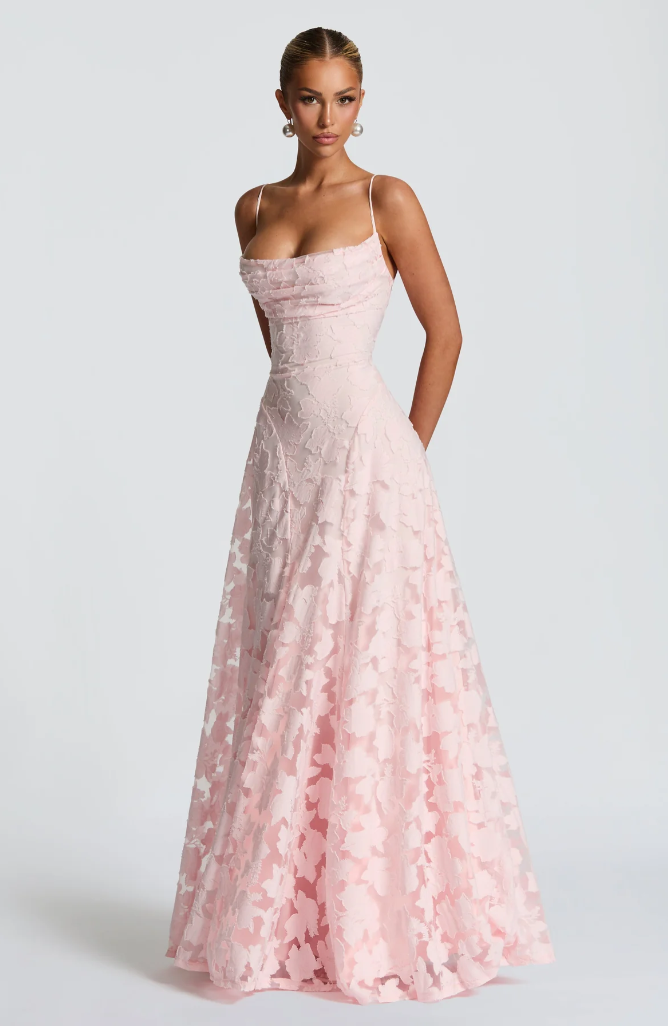 Long Lace Dress with Straight Neckline and Open Back