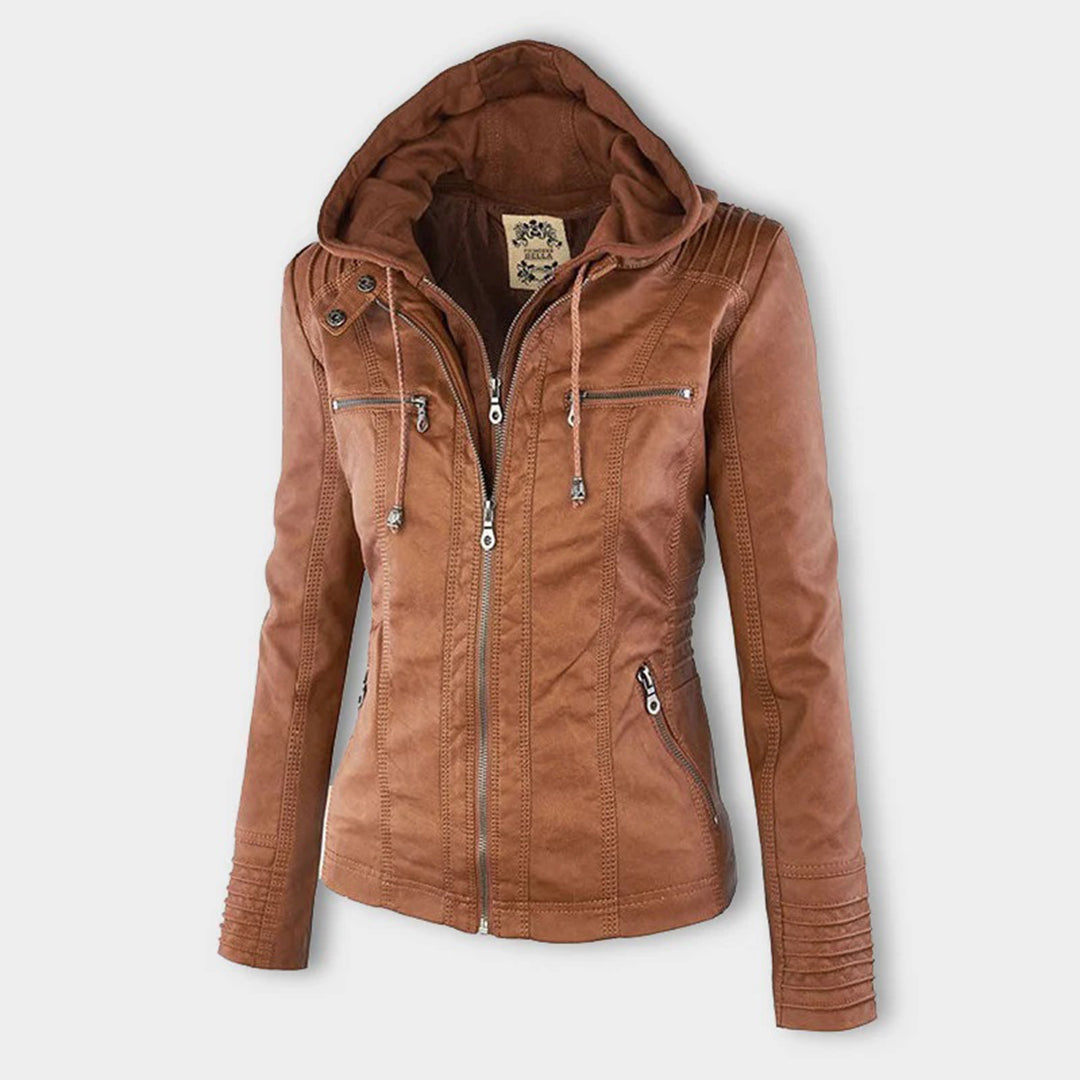 Dámská bunda s kapucí z ekologické kůže, slim fit, se zipem