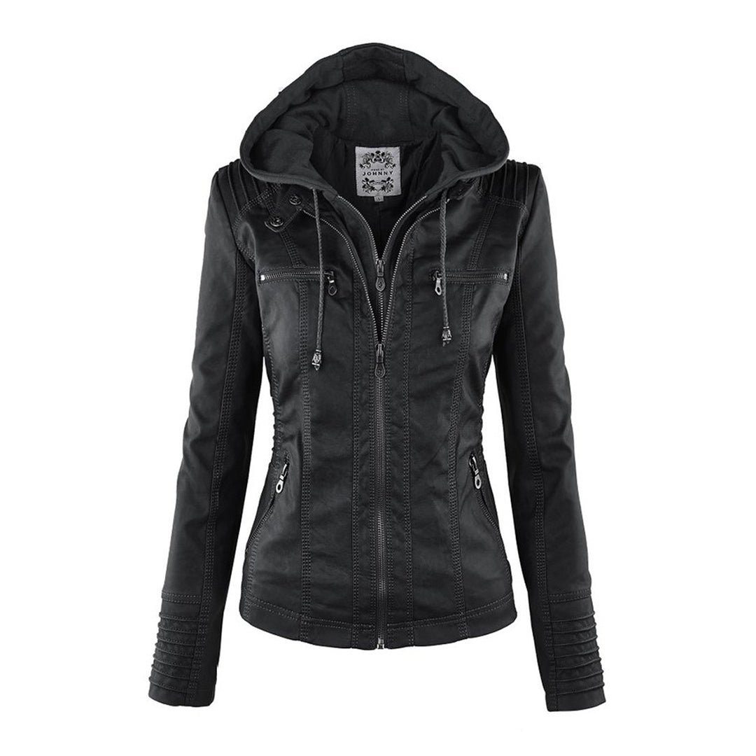 Dámská bunda s kapucí z ekologické kůže, slim fit, se zipem