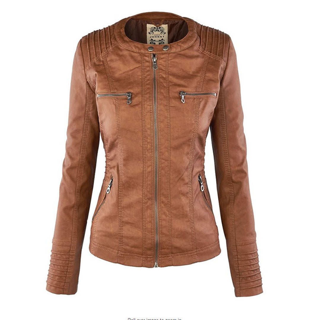 Dámská bunda s kapucí z ekologické kůže, slim fit, se zipem