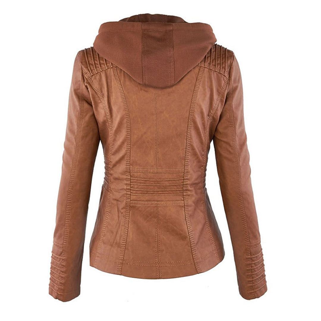 Dámská bunda s kapucí z ekologické kůže, slim fit, se zipem