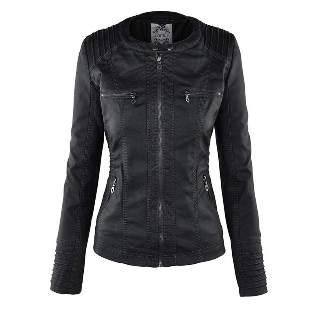 Dámská bunda s kapucí z ekologické kůže, slim fit, se zipem