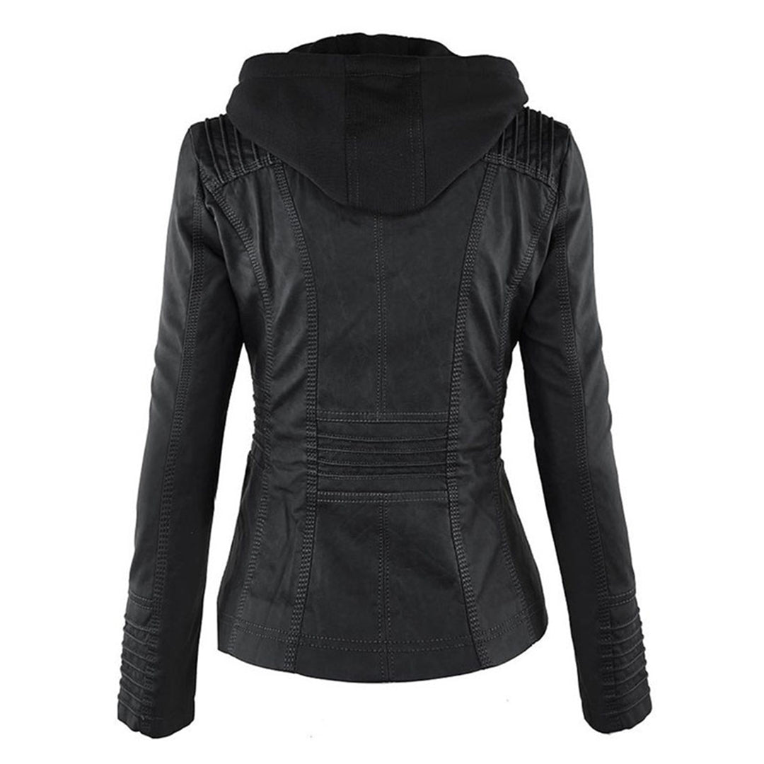 Dámská bunda s kapucí z ekologické kůže, slim fit, se zipem