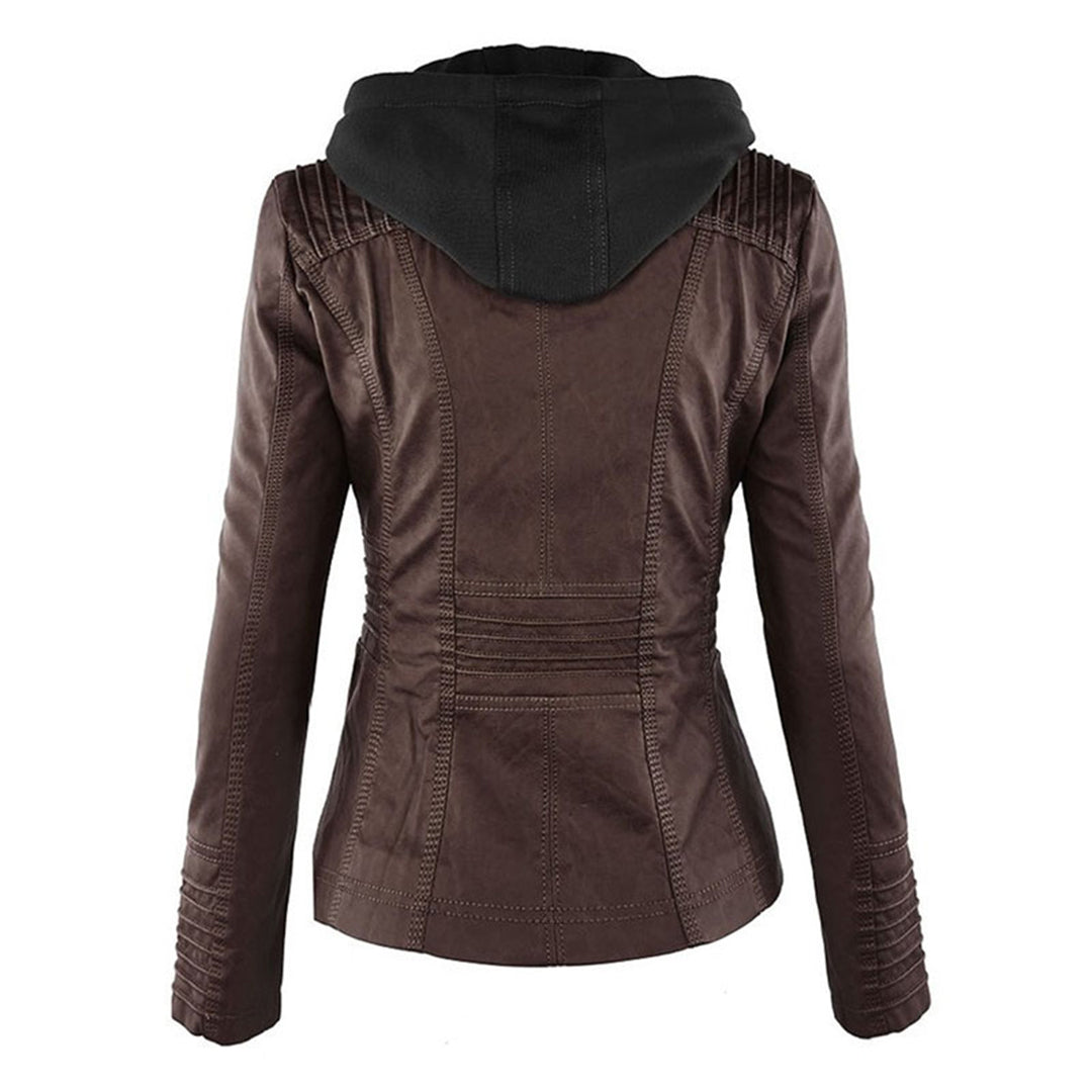 Dámská bunda s kapucí z ekologické kůže, slim fit, se zipem