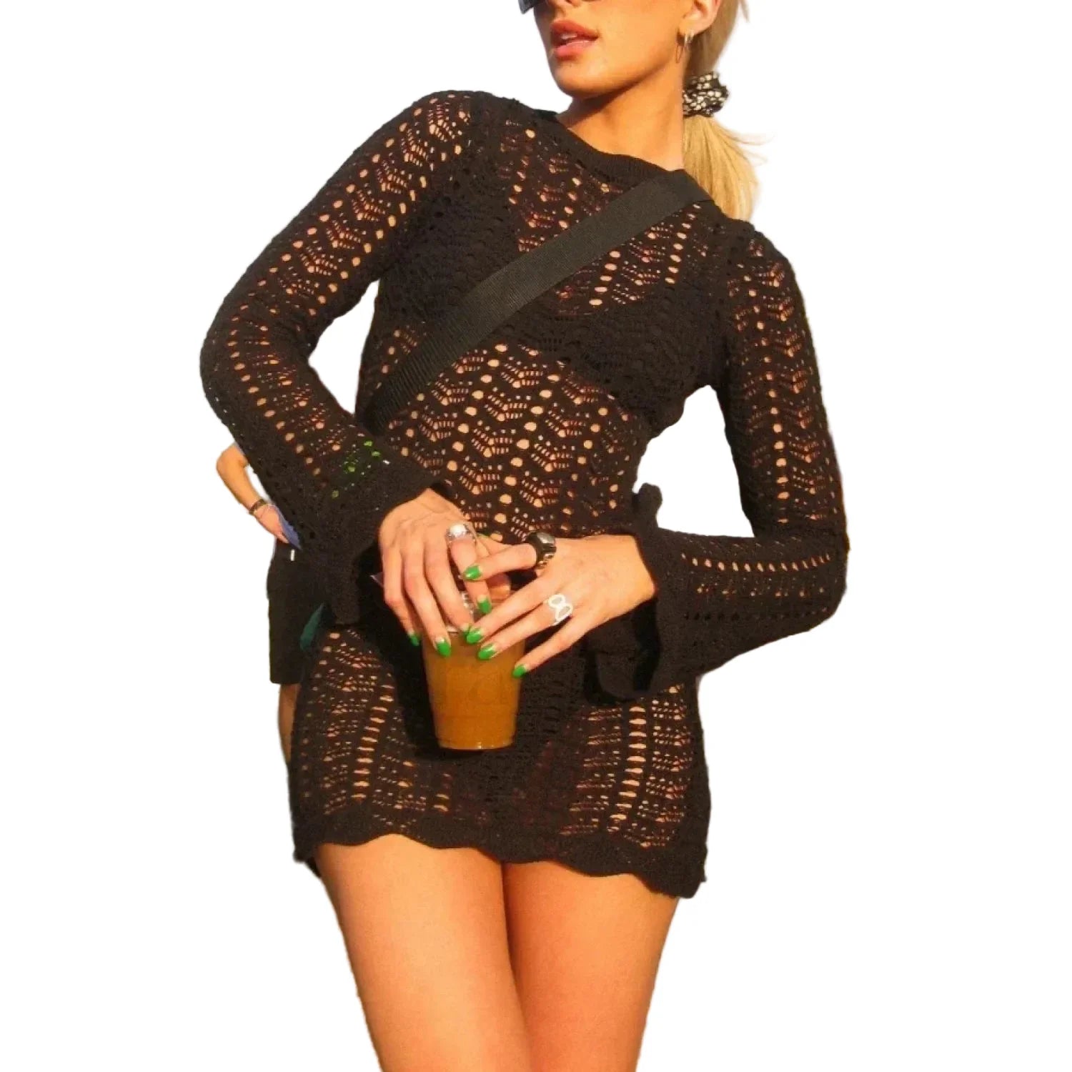 Langærmet hulmønstret bodystocking til kvinder