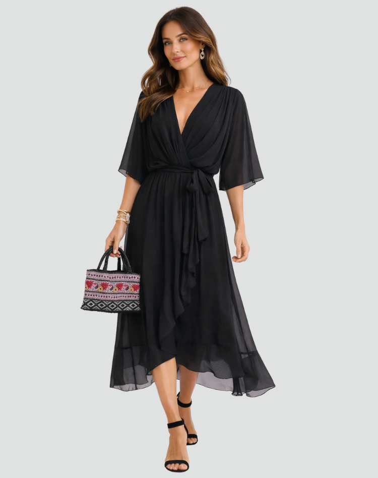 Abito Lungo Donna con Scollo a V e Vita Annodata