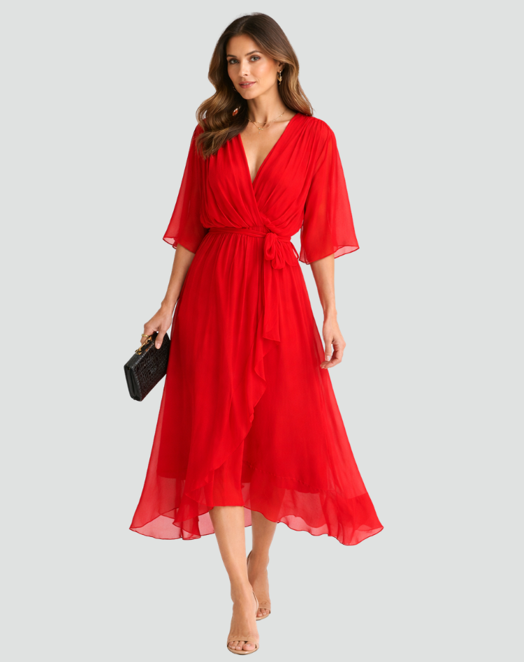 Abito Lungo Donna con Scollo a V e Vita Annodata