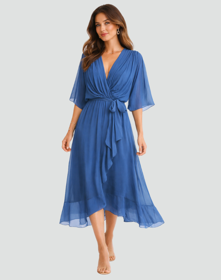 Abito Lungo Donna con Scollo a V e Vita Annodata