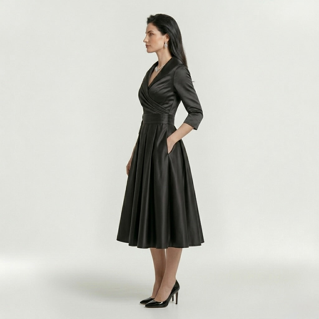 Robe midi élégante pour femme à manches longues – Robe classique évasée avec ceinture