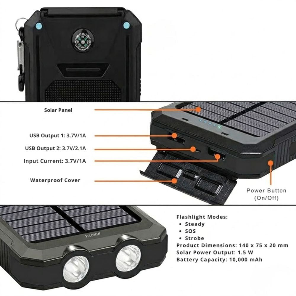 Solární powerbanka 10000 mAh, vodotěsná a nárazuvzdorná