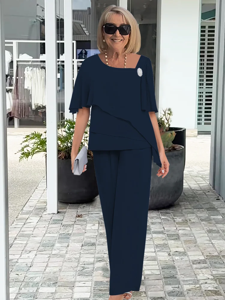 Elegantní dámský komplet s vrstvenou blůzou a palazzo kalhotami