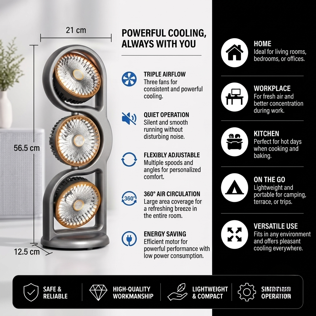 Ventilateur portable avec trois têtes orientables