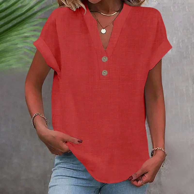 Loose Summer Blouse with V-Neck and Buttons – Short Sleeve and Timeless