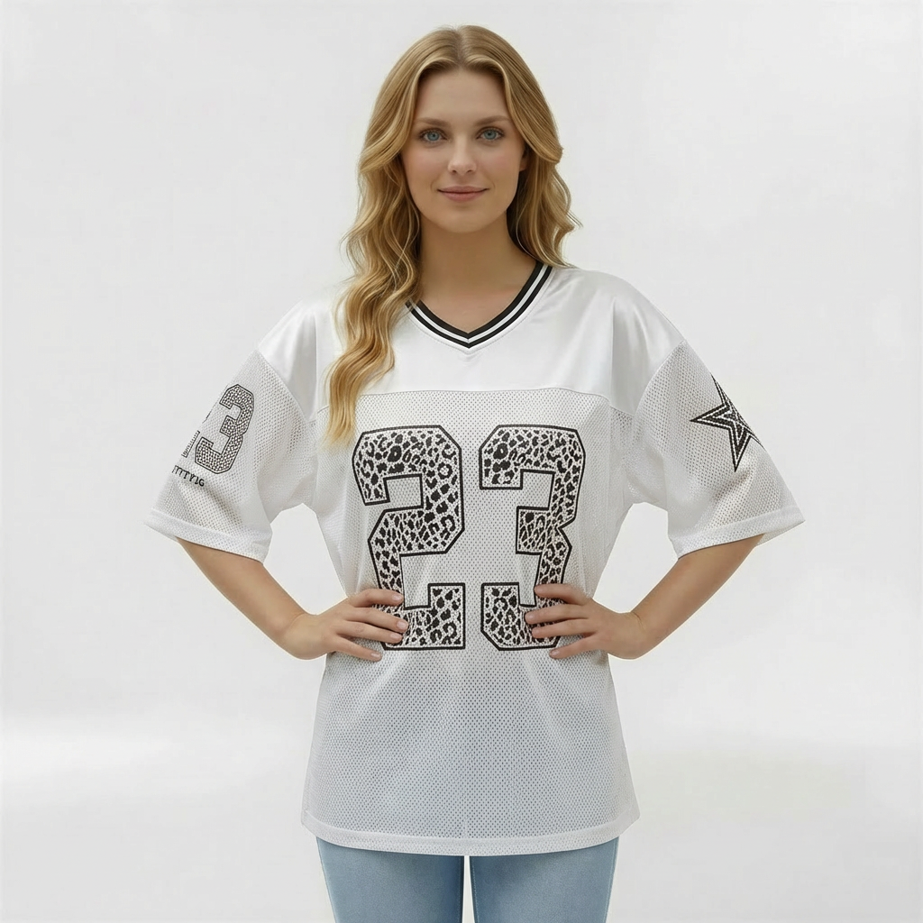 Dámské oversize sportovní tričko ve stylu dresu s potiskem čísla, krátké rukávy, casual