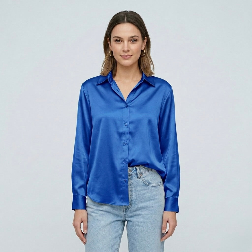 Elegant damebluse med lange ærmer i moderne satinlook