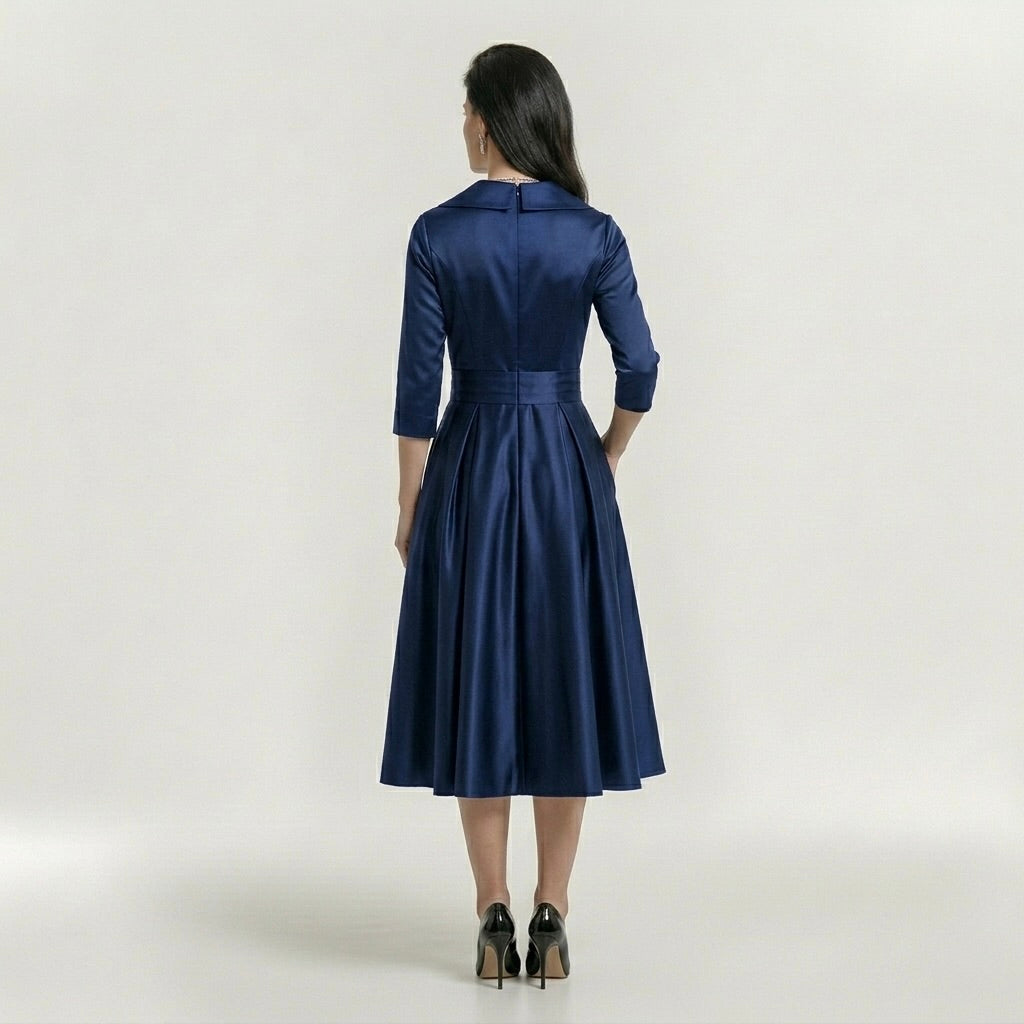 Robe midi élégante pour femme à manches longues – Robe classique évasée avec ceinture