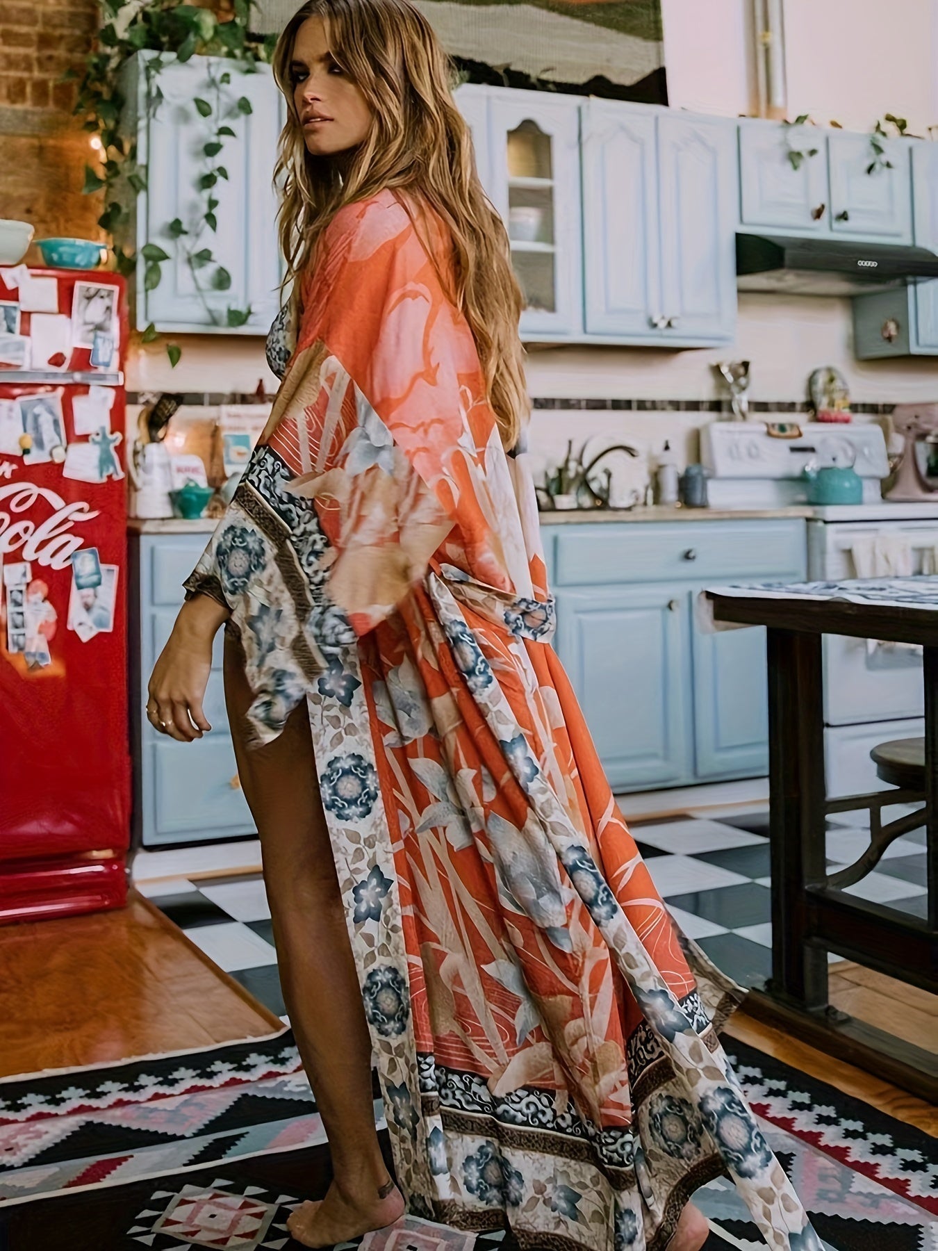 Abito Lungo Boho da Donna con Stampa Etnica e Maniche Lunghe