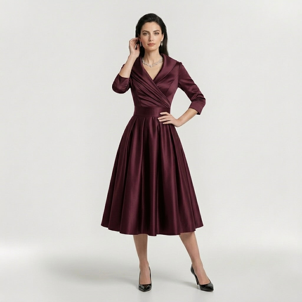 Robe midi élégante pour femme à manches longues – Robe classique évasée avec ceinture