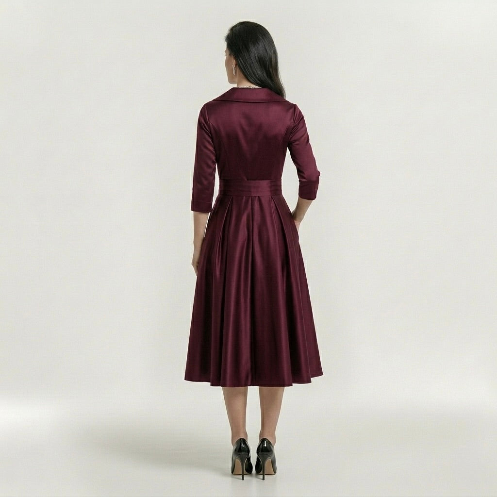 Robe midi élégante pour femme à manches longues – Robe classique évasée avec ceinture