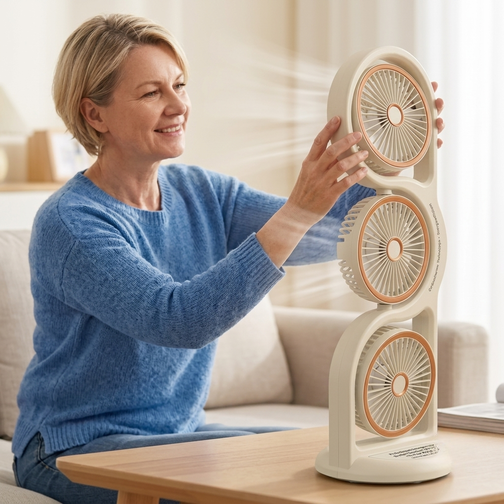Ventilateur portable avec trois têtes orientables
