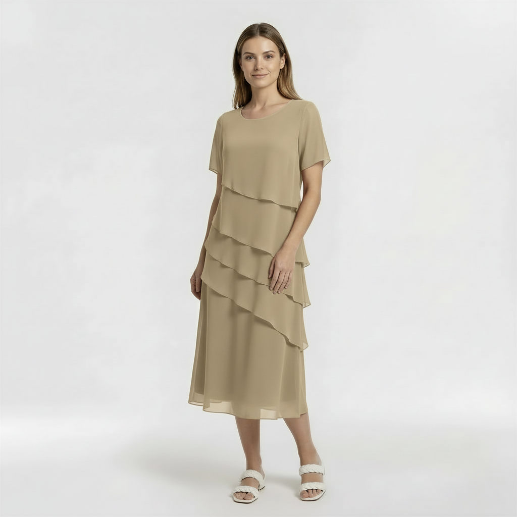 Női rövid ujjú midi ruha fodrokkal, mindennapi viseletre