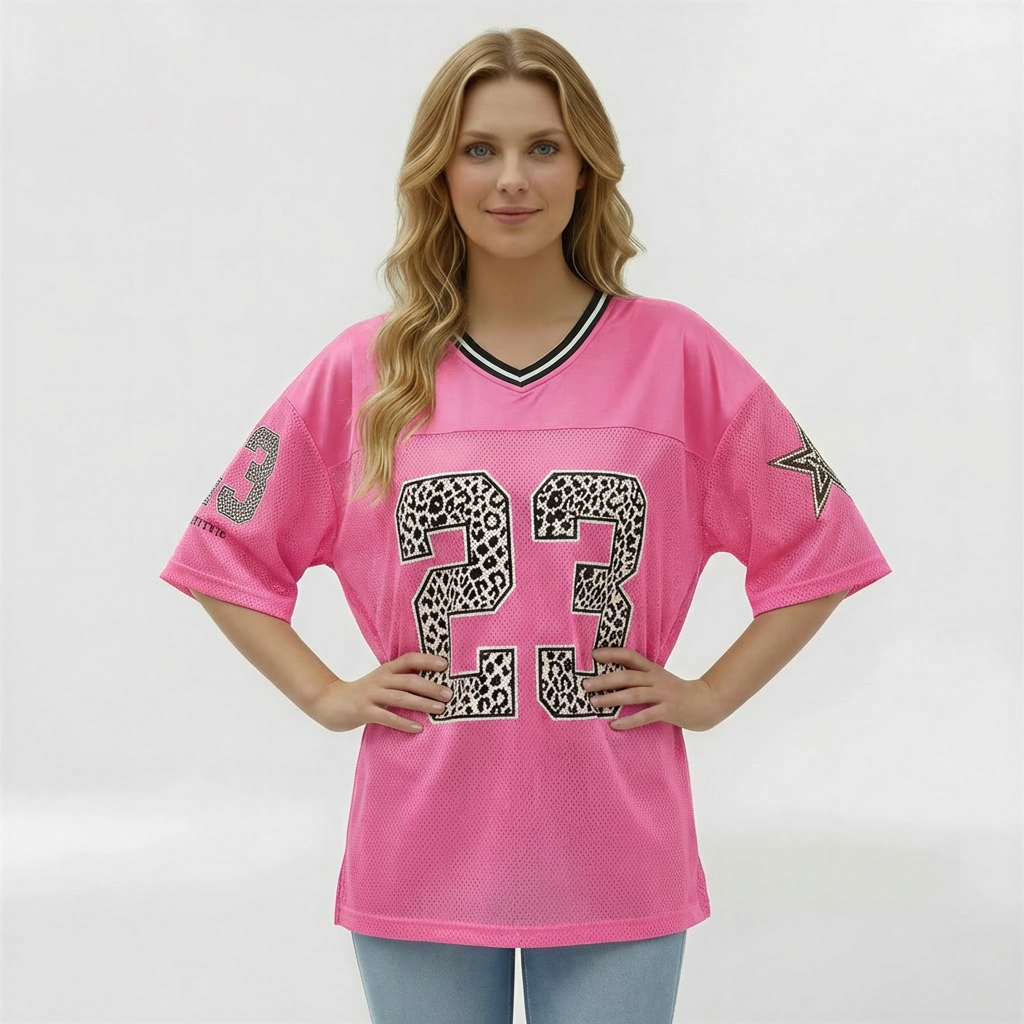 Dámské oversize sportovní tričko ve stylu dresu s potiskem čísla, krátké rukávy, casual