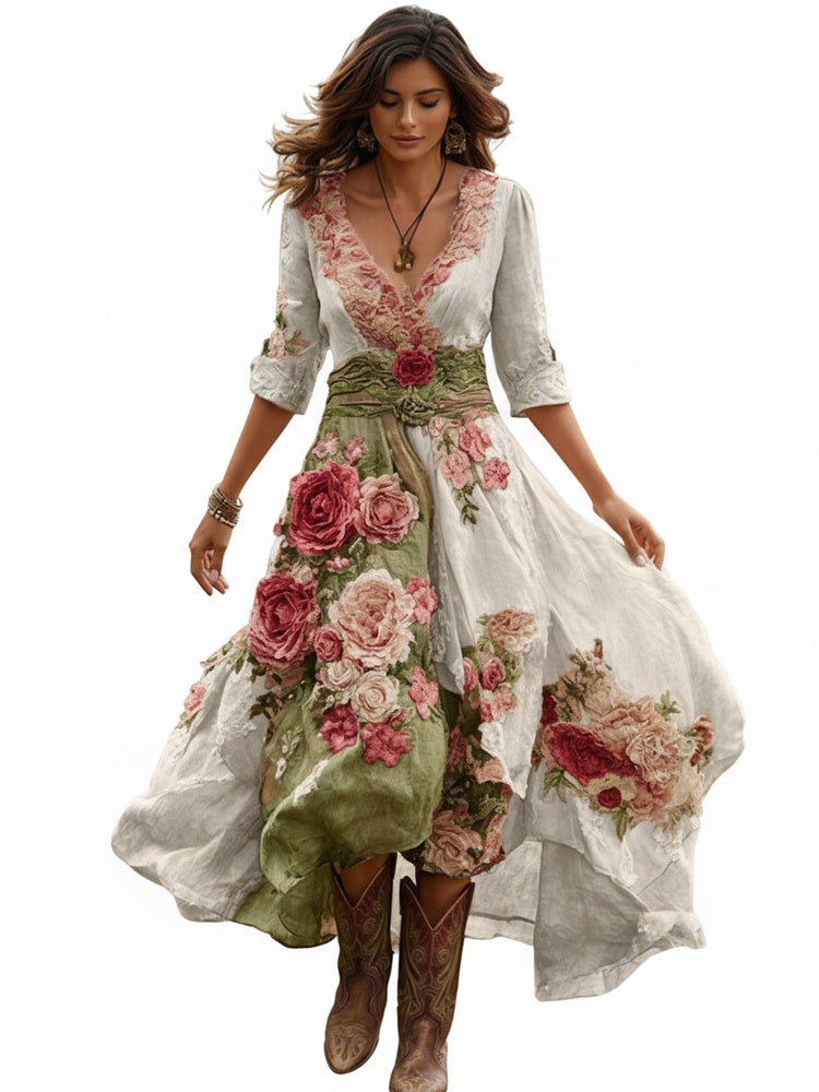 Robe midi pour femme avec col en V, imprimé floral et ourlet asymétrique