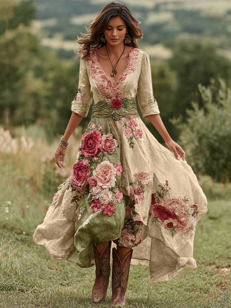 Robe midi pour femme avec col en V, imprimé floral et ourlet asymétrique