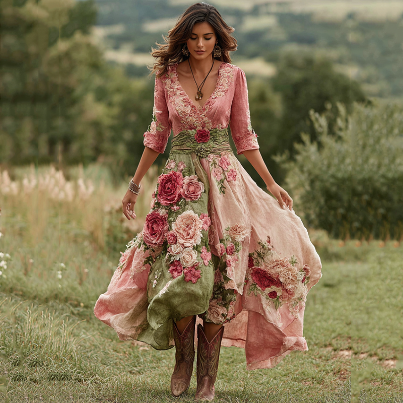 Robe midi pour femme avec col en V, imprimé floral et ourlet asymétrique