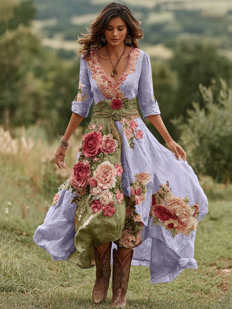 Robe midi pour femme avec col en V, imprimé floral et ourlet asymétrique