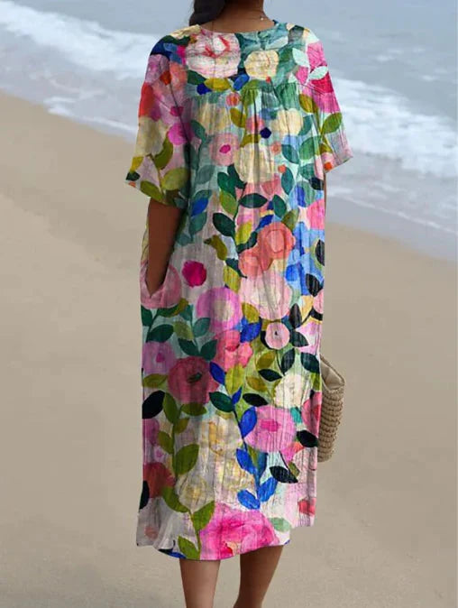 Vestito midi da donna con scollo a V e maniche corte con stampa floreale