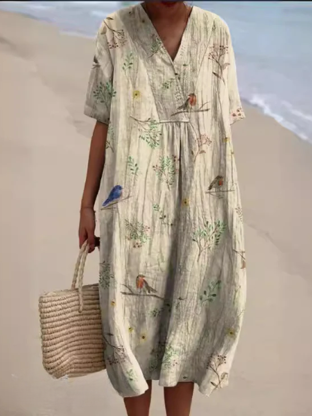 Vestito midi da donna con scollo a V e maniche corte con stampa floreale