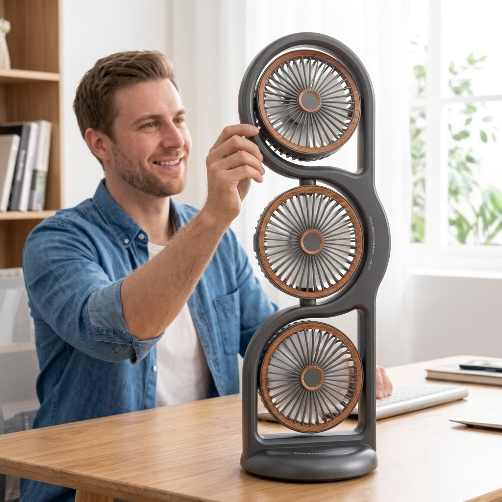 Ventilateur portable avec trois têtes orientables