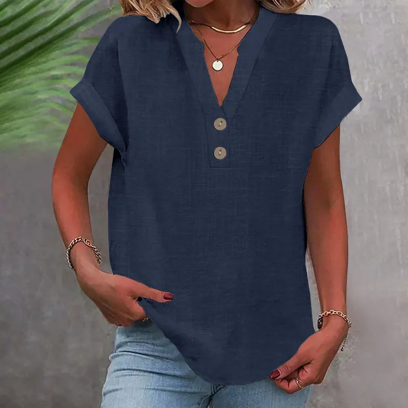 Loose Summer Blouse with V-Neck and Buttons – Short Sleeve and Timeless