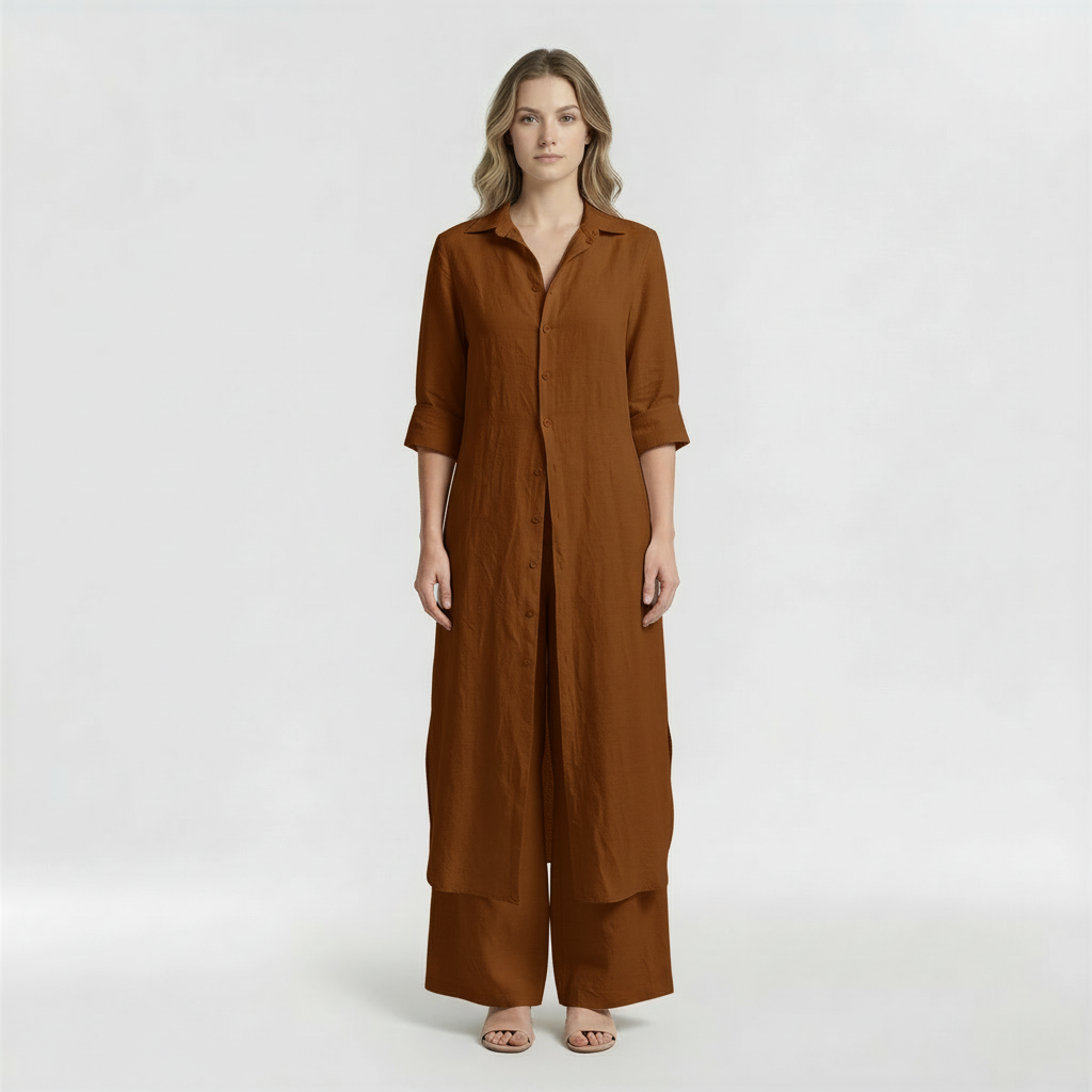 Women's 2-piece set with long shirt and cotton pants, casual elegant set