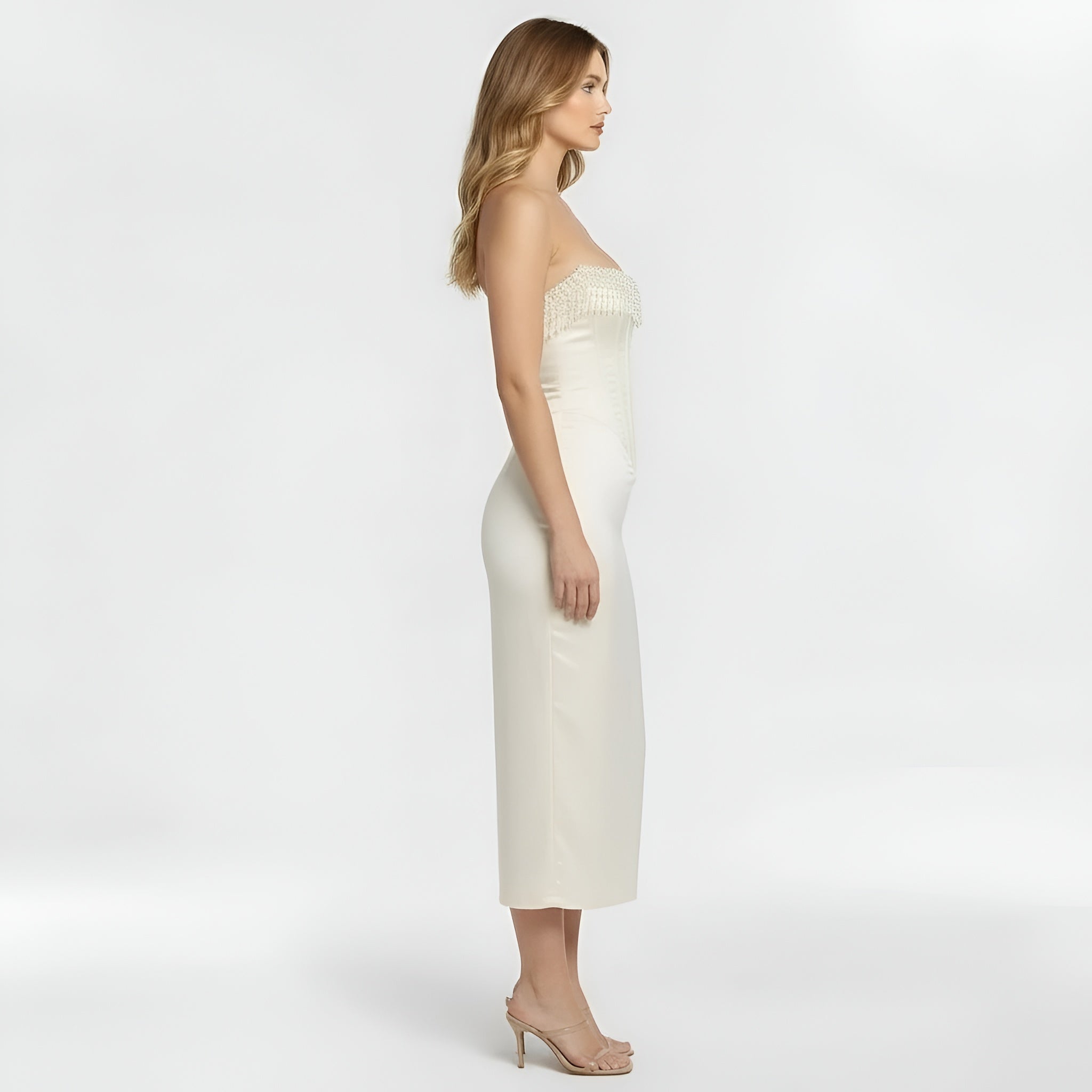 Abito midi donna a corsetto aderente senza spalline vestito elegante da sera