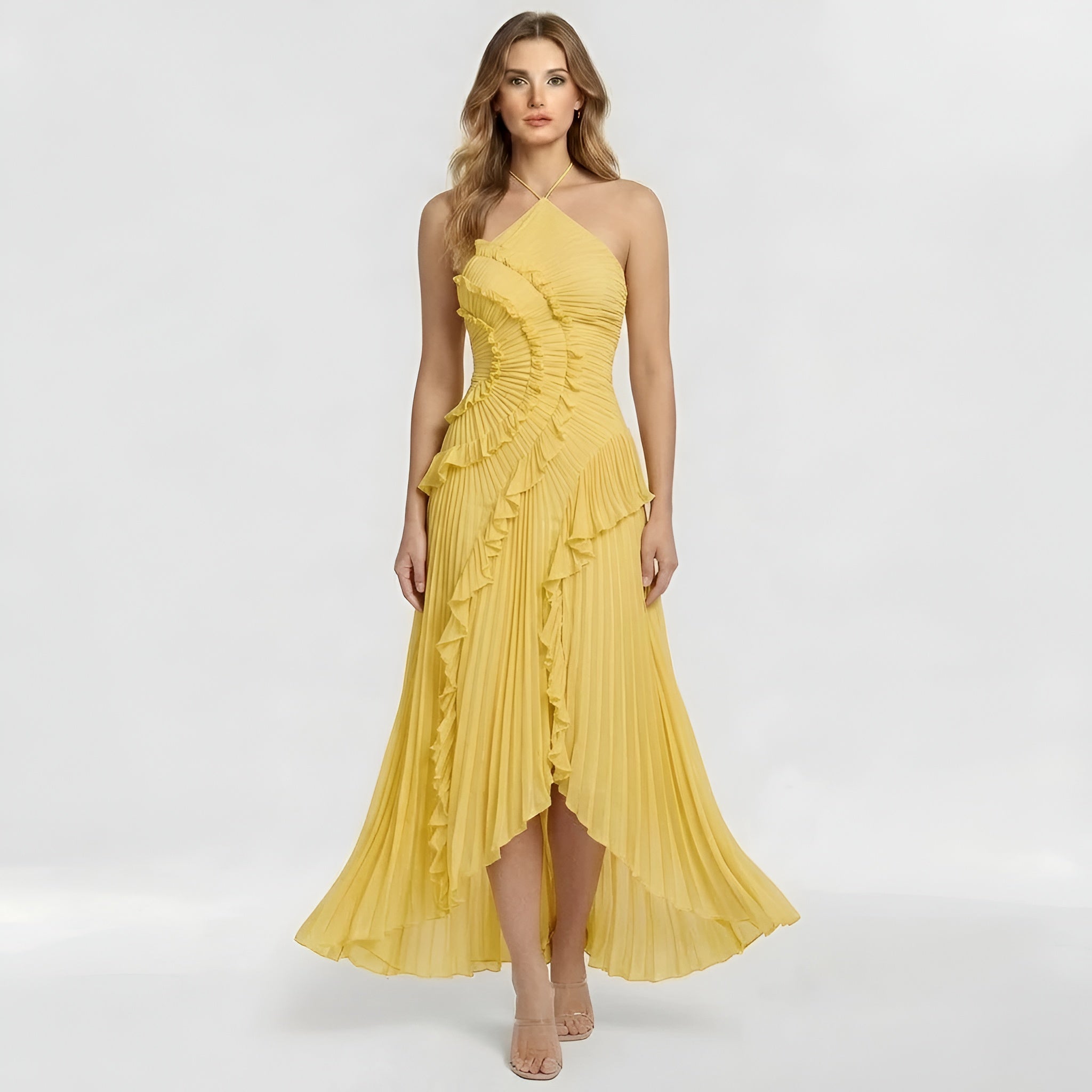 Abito lungo donna elegante con volant e plissé vestito da cerimonia con spacco