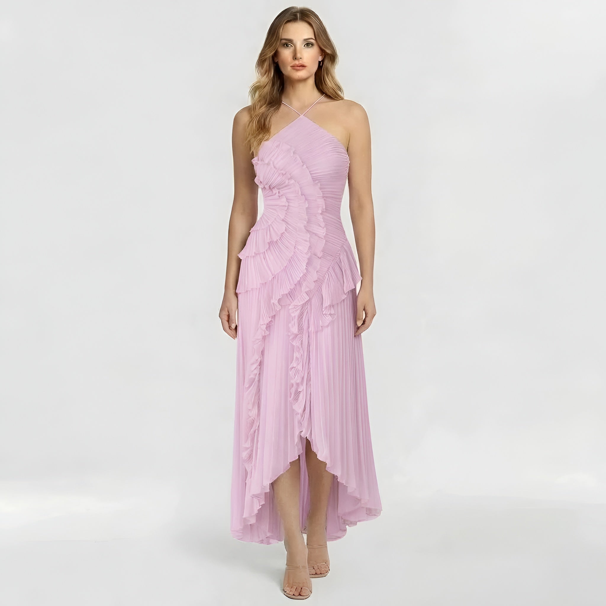 Abito lungo donna elegante con volant e plissé vestito da cerimonia con spacco