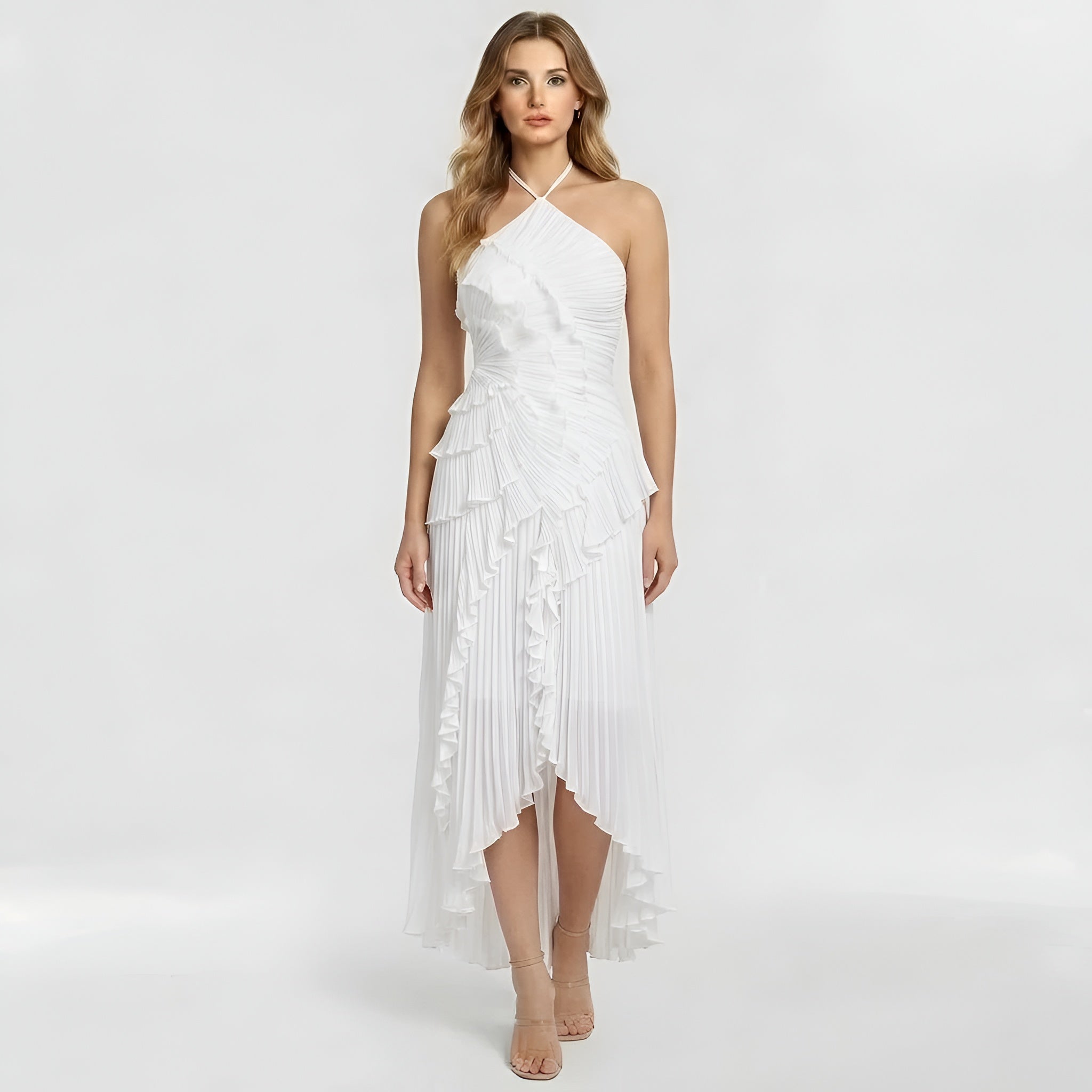 Abito lungo donna elegante con volant e plissé vestito da cerimonia con spacco