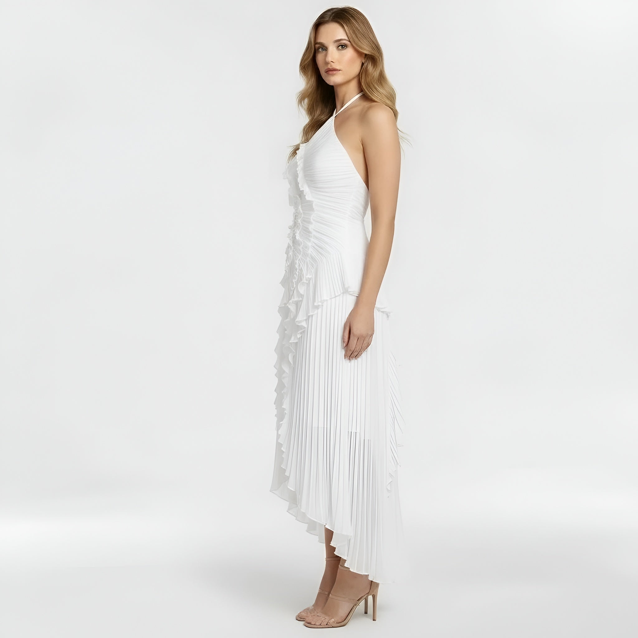 Abito lungo donna elegante con volant e plissé vestito da cerimonia con spacco