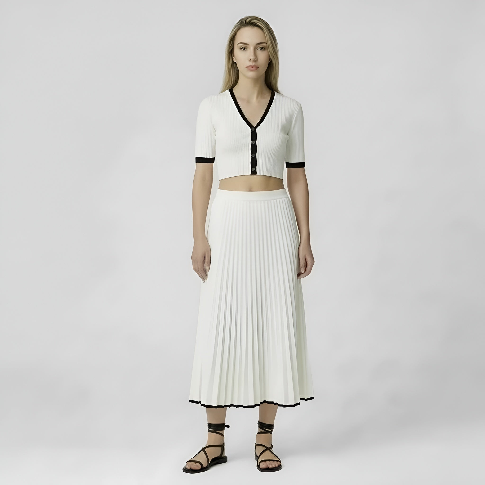 Ensemble femme top et jupe plissée coordonné élégant midi décontracté estival