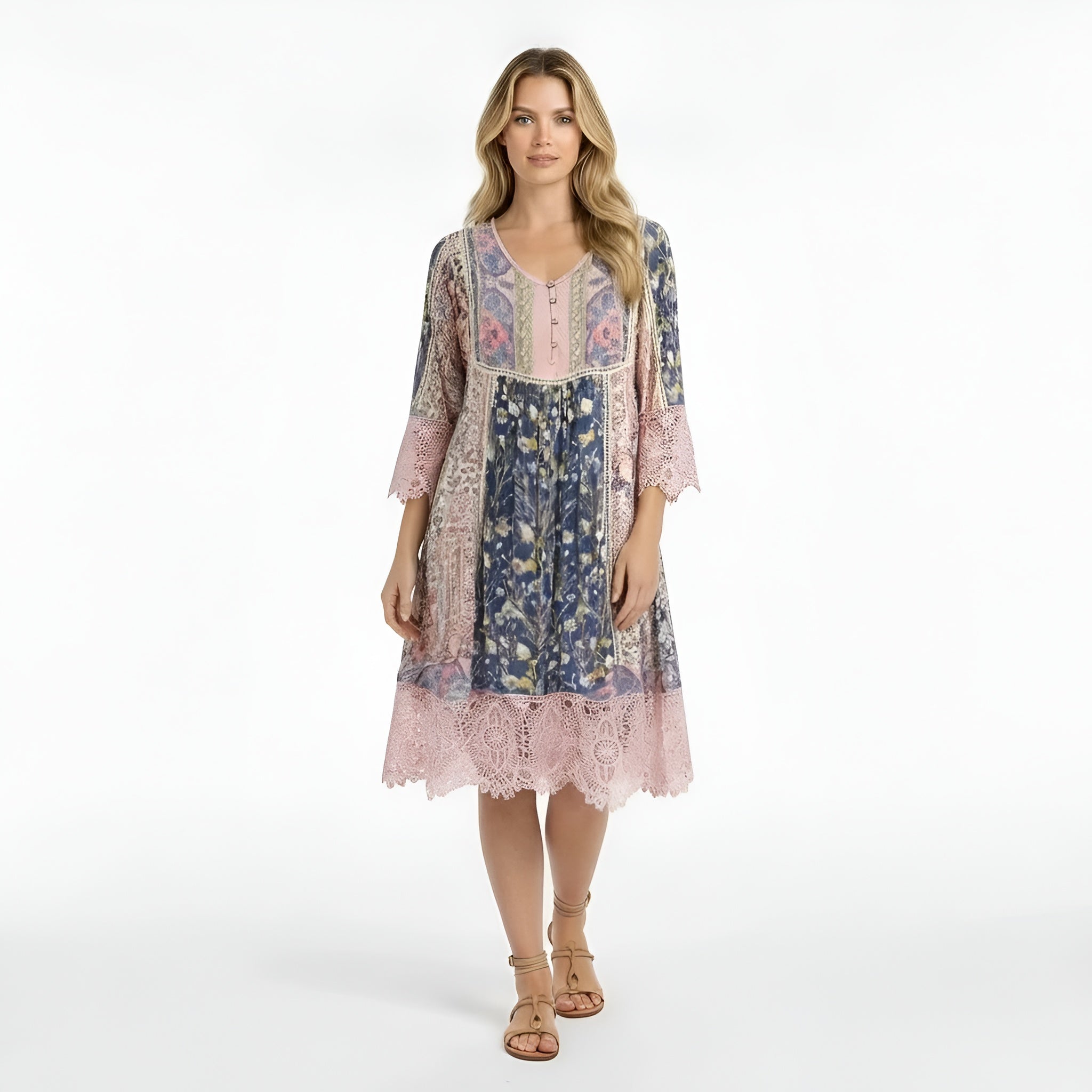 Vestido corto de mujer con flores, manga larga, vestido casual amplio con escote en V estilo boho