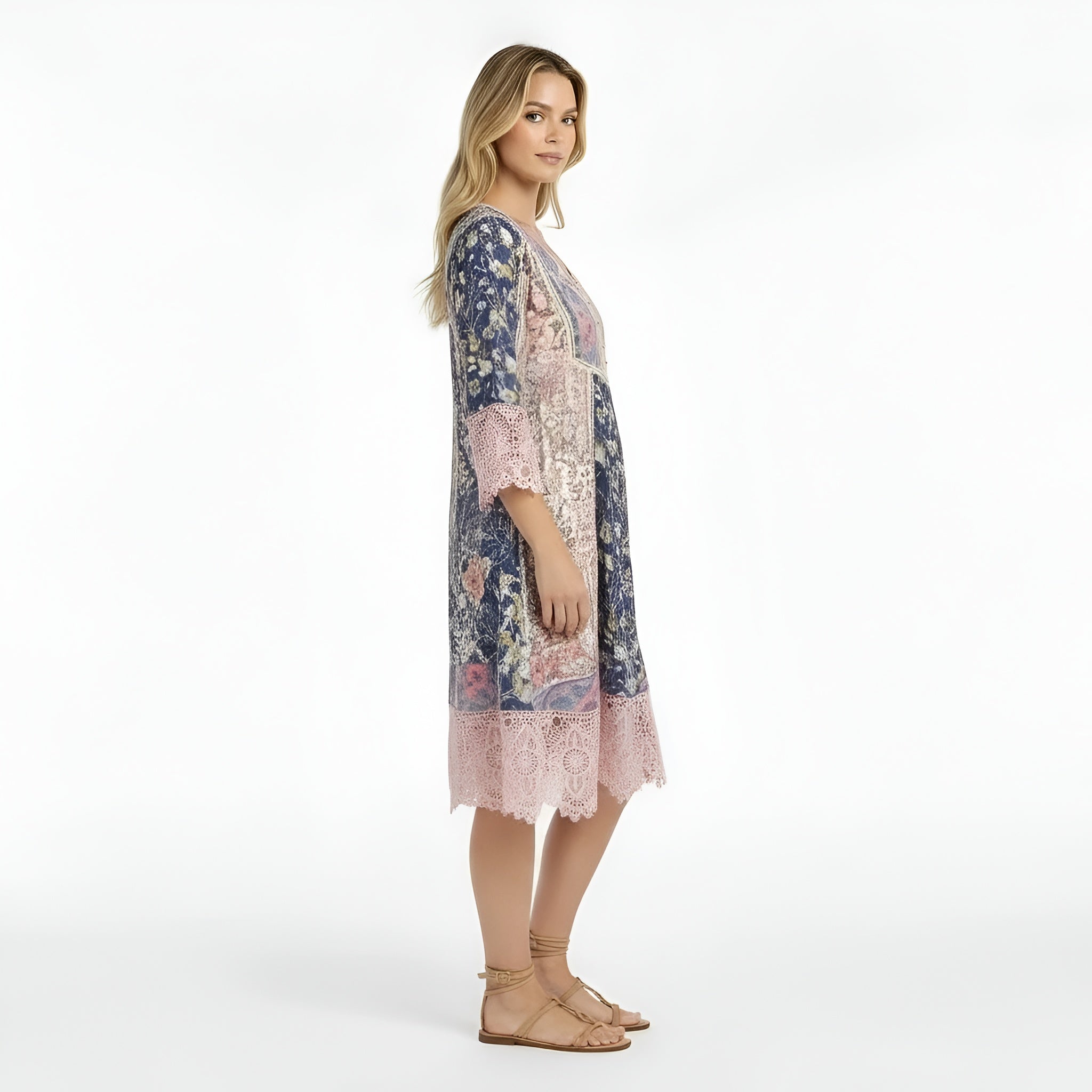 Vestido corto de mujer con flores, manga larga, vestido casual amplio con escote en V estilo boho