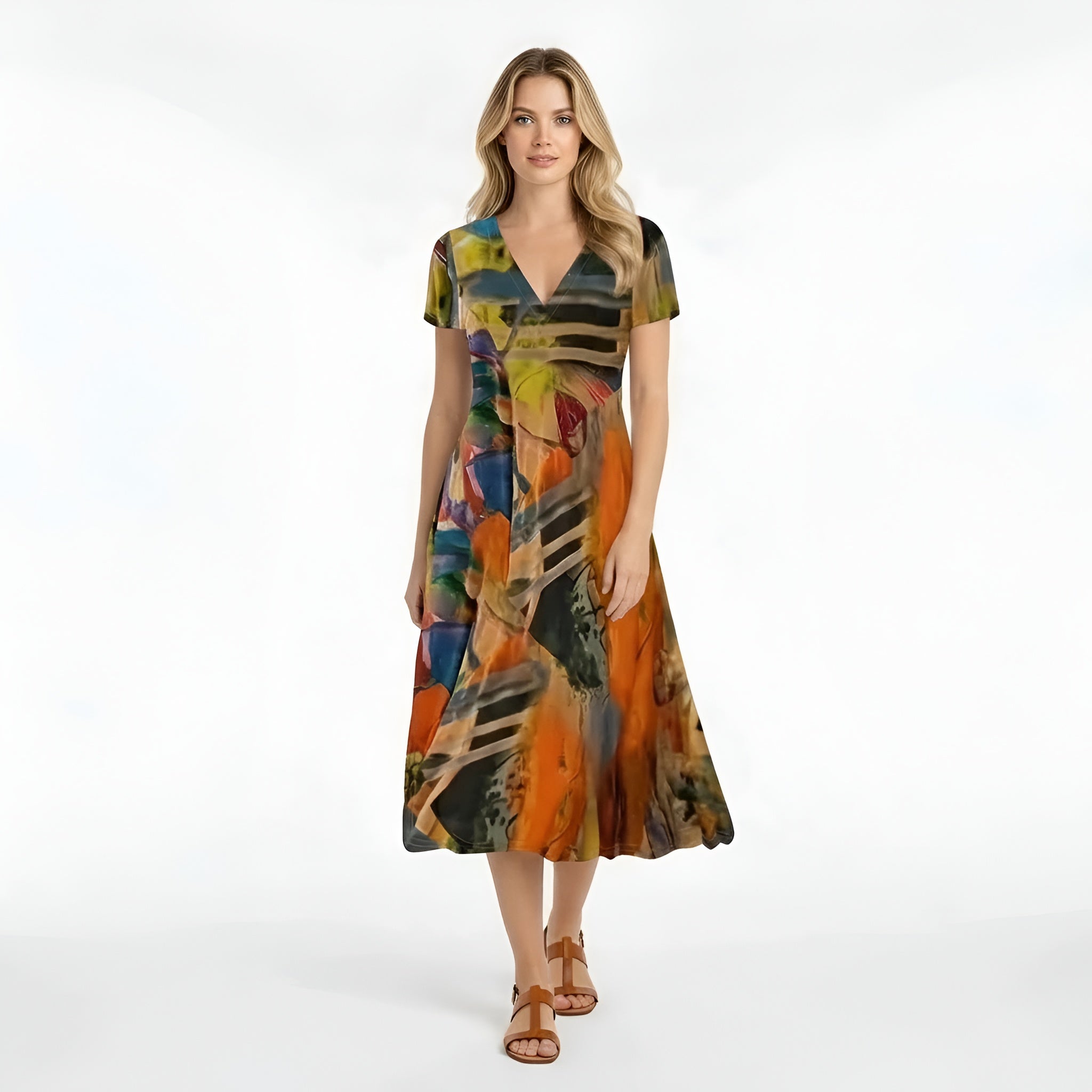 Women's midi dress with abstract print, short sleeves, casual V-neck fluid dress