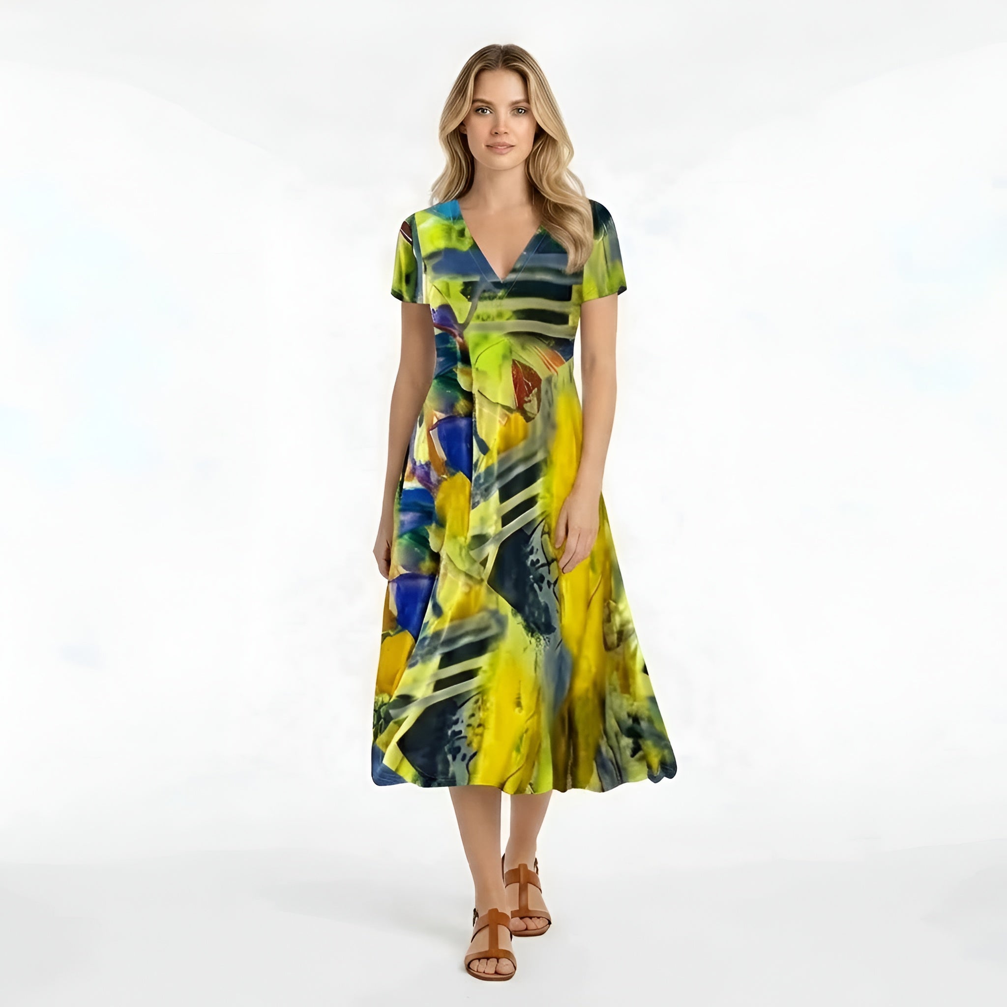 Women's midi dress with abstract print, short sleeves, casual V-neck fluid dress