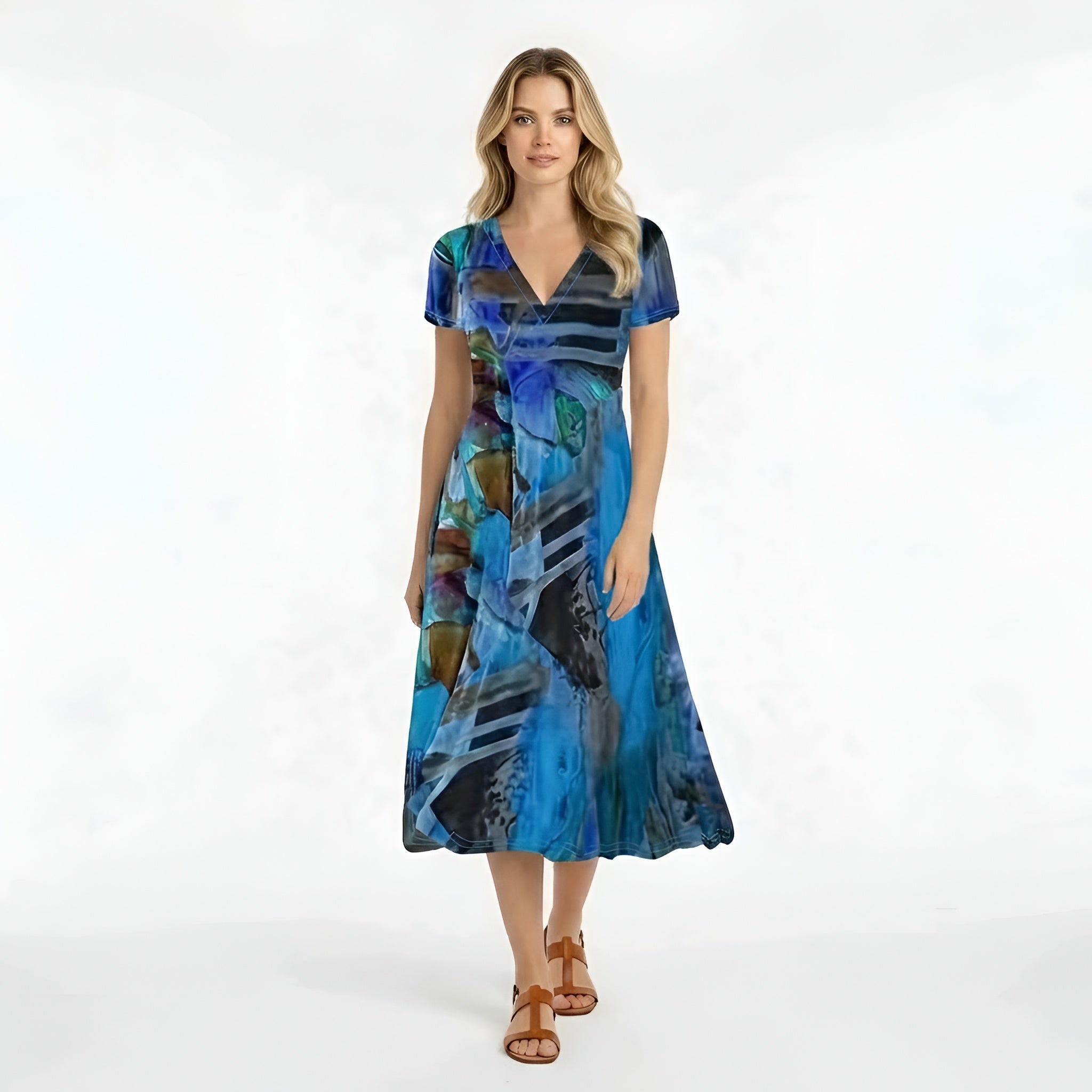Women's midi dress with abstract print, short sleeves, casual V-neck fluid dress