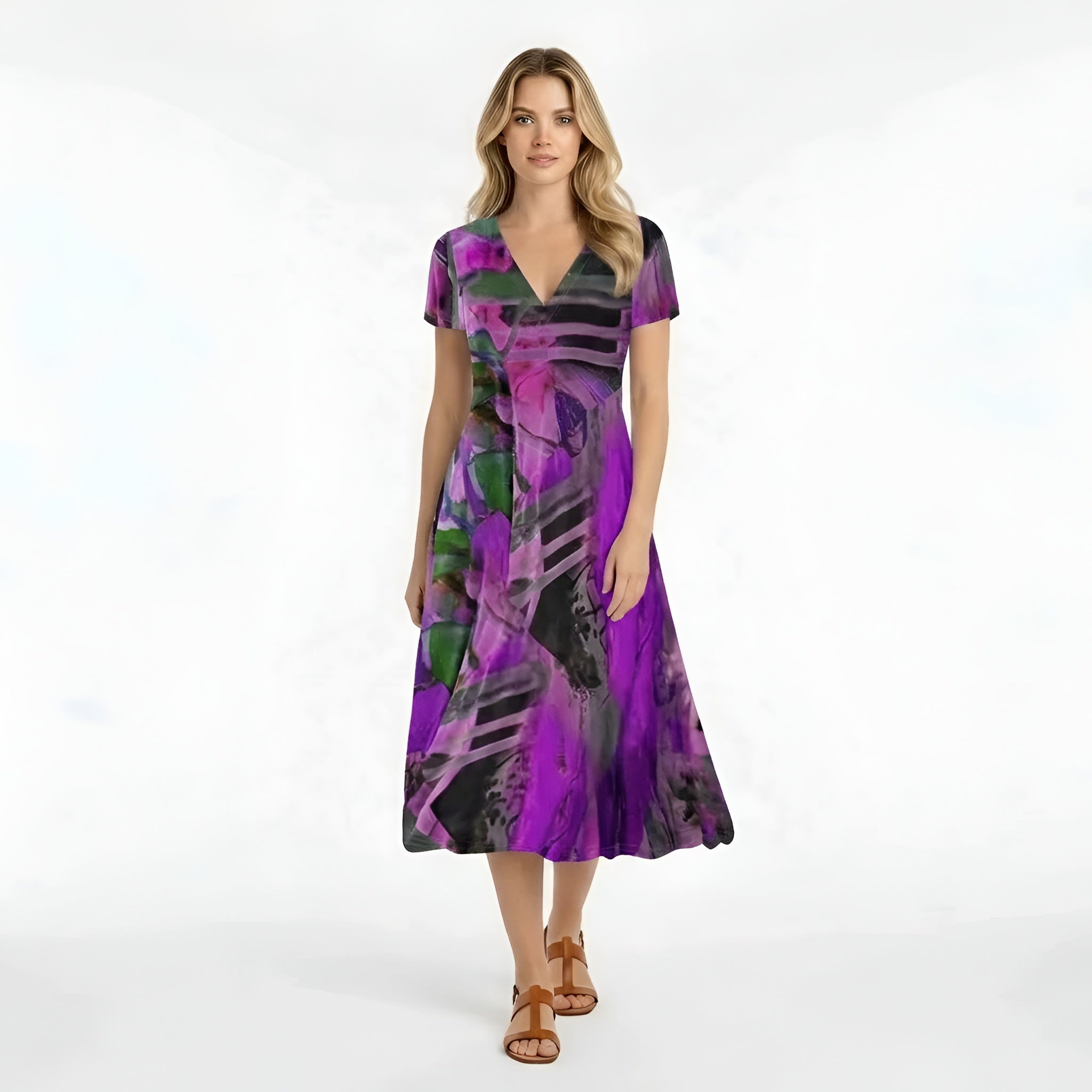 Women's midi dress with abstract print, short sleeves, casual V-neck fluid dress